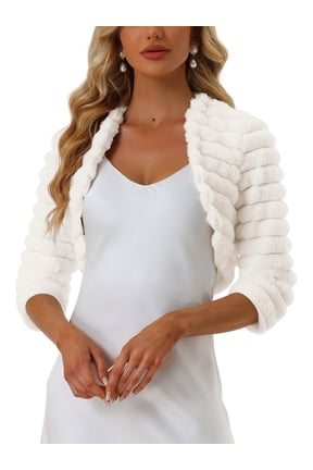 Women's Bolero Jacket for Evening Dresses Wedding Open Front Cropped Fluffy Faux Fur Shrug XS White