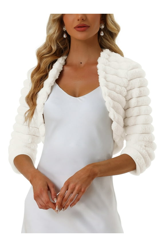 Women's Bolero Jacket Open Front Cropped Fluffy Faux Fur Shrug XS White