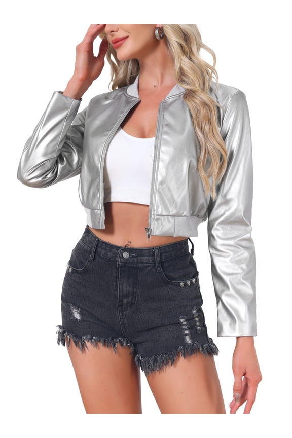 Women's Bomber Jacket Cropped Faux Leather Jackets Casual Zip Up PU Moto Bike Outwear M Silver