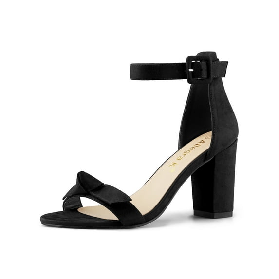 BLISSFUL STEP Women's Bow Block Heels Ankle Strap Sandals Black 7
