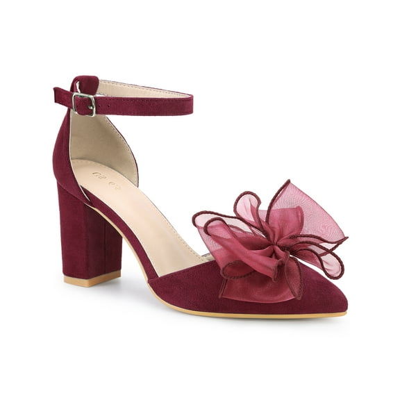 BLISSFUL STEP Women's Bow Knot Pointed Toe Block Heel Pumps Burgundy 9.5