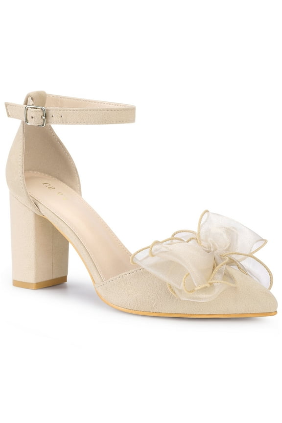 Women's Bow Knot Pointed Toe Block Heel Pumps Beige (Size 7.5)