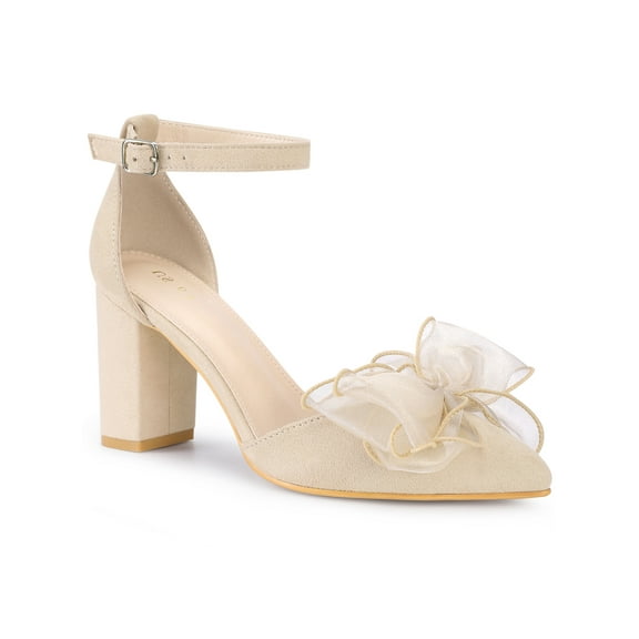 BLISSFUL STEP Women's Bow Knot Pointed Toe Block Heel Pumps Beige 6.5