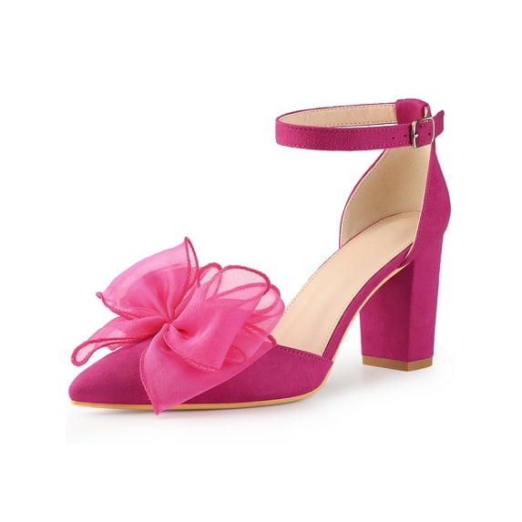 BLISSFUL STEP Women's Bow Knot Pointed Toe Block Heel Pumps Hot Pink 6