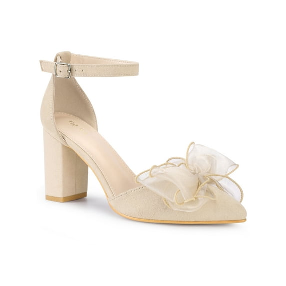 BLISSFUL STEP Women's Bow Knot Pointed Toe Block Heel Pumps Beige 9.5