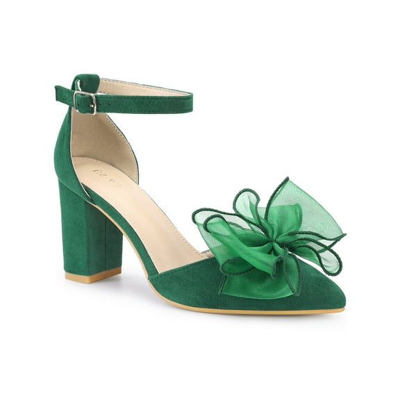 BLISSFUL STEP Women's Bow Knot Pointed Toe Block Heel Pumps Green 6.5