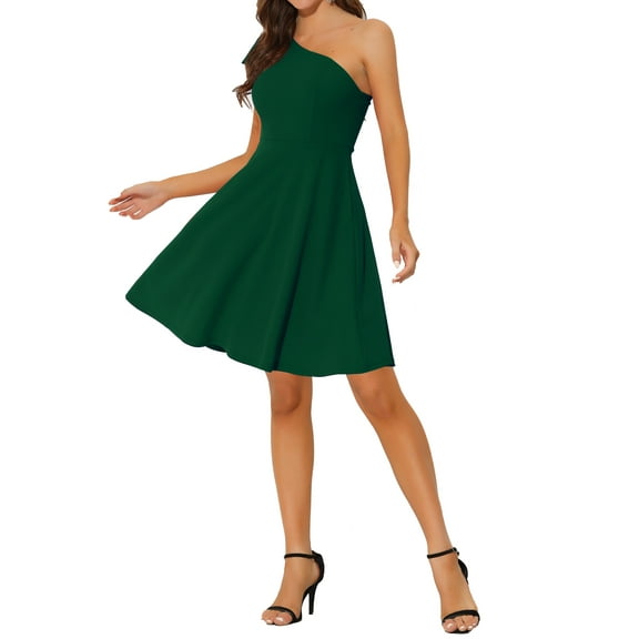 INSPIRE CHIC Women's Dress Bow One Shoulder Strapless A-Line Flared Party Dress with Pockets XS Dark Green