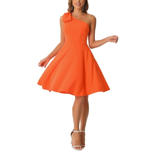 INSPIRE CHIC Women's Dress Bow One Shoulder Strapless A-Line Flared Party Dress with Pockets XS Orange