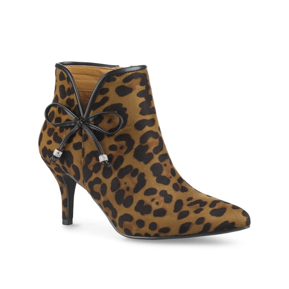 BLISSFUL STEP Women Bow Pointed Toe Stiletto Heel Ankle Boots Leopard 10