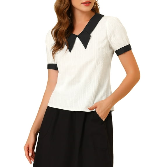 INSPIRE CHIC Women's Bow Tie Contrast Color Textured Short Sleeve Top Blouse White XS