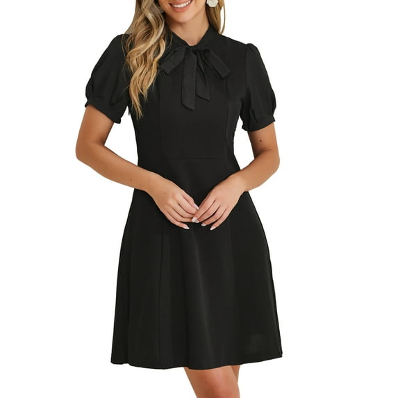 INSPIRE CHIC Women's Elegant Dresses Tie Neck Puff Short Sleeve Wear-to-Work Dress S Black