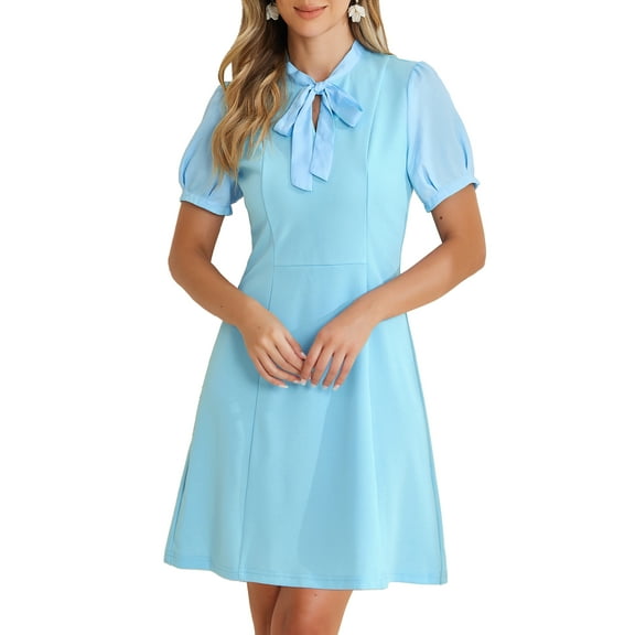 INSPIRE CHIC Women's Elegant Dresses Tie Neck Puff Short Sleeve Wear-to-Work Dress XS Light Blue