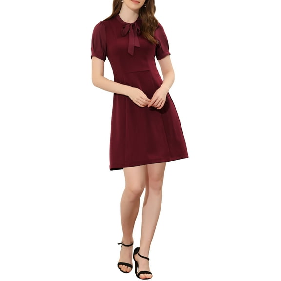 INSPIRE CHIC Women's Elegant Dresses Tie Neck Puff Short Sleeve Wear-to-Work Dress XS Burgundy