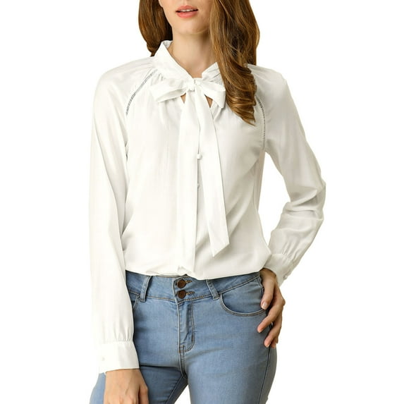 INSPIRE CHIC Women's Bow Tie Neck Long Sleeve Fashion Button Decor Shirt M White