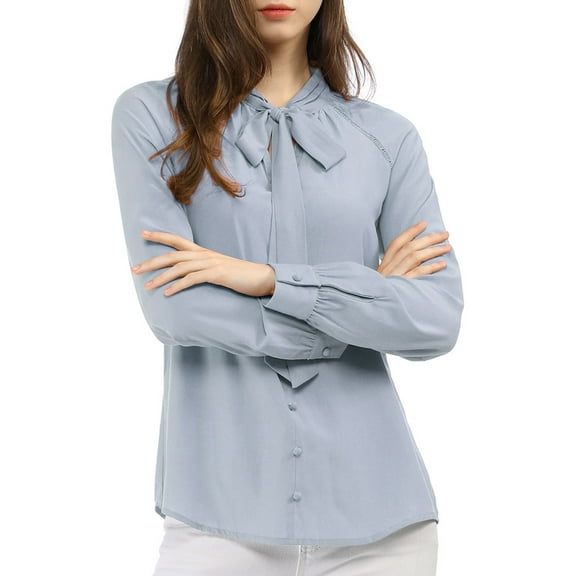 INSPIRE CHIC Women's Bow Tie Neck Long Sleeve Fashion Button Decor Shirt XS Light Blue