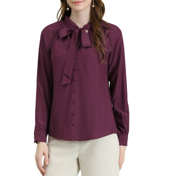 INSPIRE CHIC Women's Bow Tie Neck Long Sleeve Fashion Button Decor Shirt XS Wine