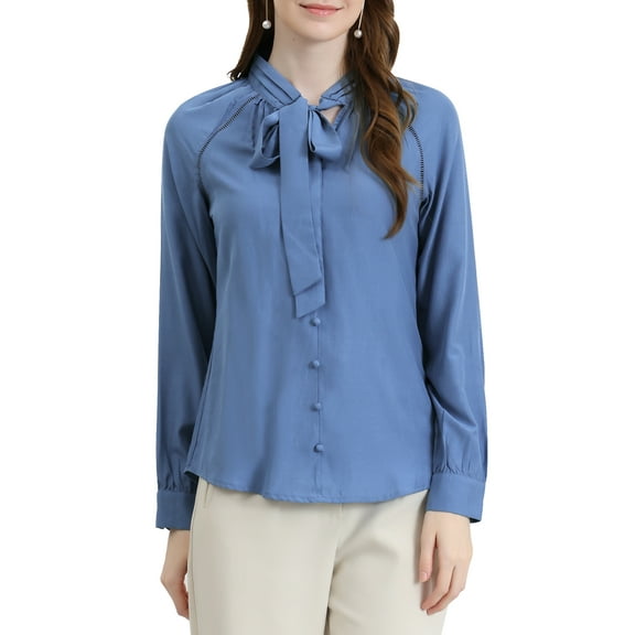 INSPIRE CHIC Women's Bow Tie Neck Long Sleeve Fashion Button Decor Shirt XS Grey Blue