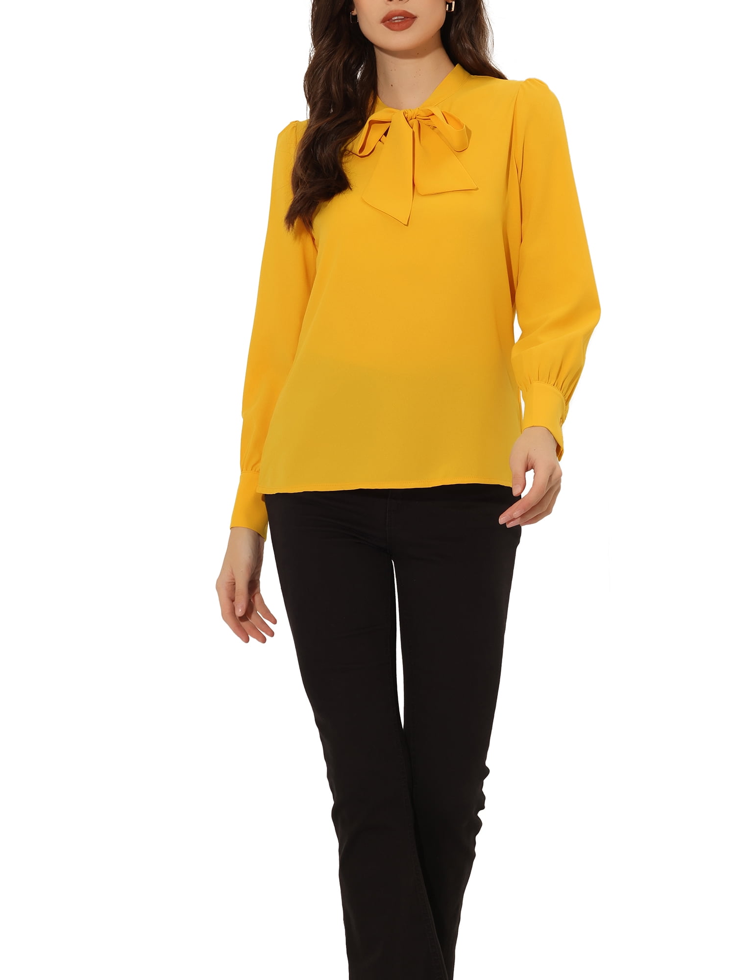 Allegra K Women's Bow Tie Neck Long Sleeve Solid Elegant Work Office