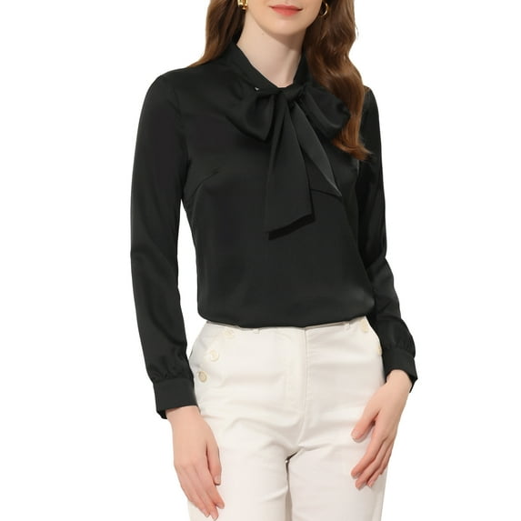 INSPIRE CHIC Women's Bow Tie Neck Solid Long Sleeve Satin Blouse Tops L Black