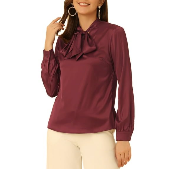 INSPIRE CHIC Women's Bow Tie Neck Solid Long Sleeve Satin Blouse Tops L Burgundy