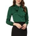 thumbnail image 1 of INSPIRE CHIC Women's Bow Tie Neck Solid Long Sleeve Satin Blouse Tops XS Dark Green, 1 of 6