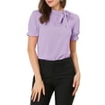 thumbnail image 1 of INSPIRE CHIC Women's Summer Tops Solid Color Bow Tie Neck Short Sleeves Wear-to-Work Blouses Purple 2XL, 1 of 8