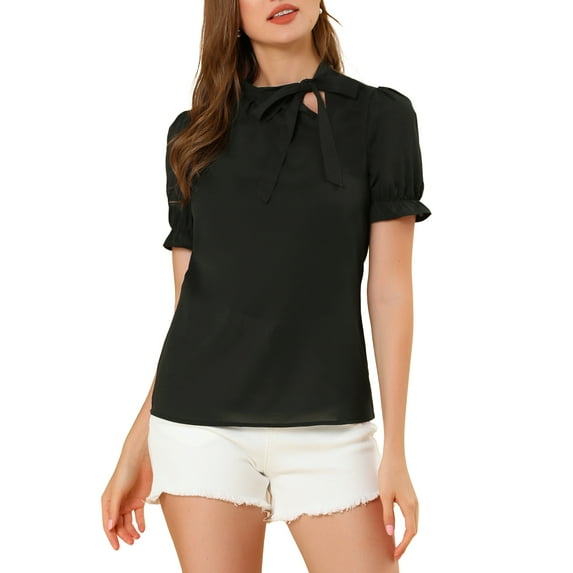 INSPIRE CHIC Women's Summer Tops Solid Color Bow Tie Neck Short Sleeves Wear-to-Work Blouses Black L