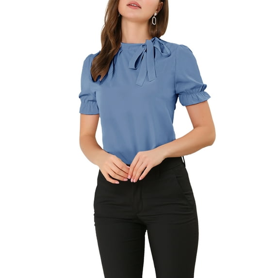 INSPIRE CHIC Women's Summer Tops Solid Color Bow Tie Neck Short Sleeves Wear-to-Work Blouses Blue L
