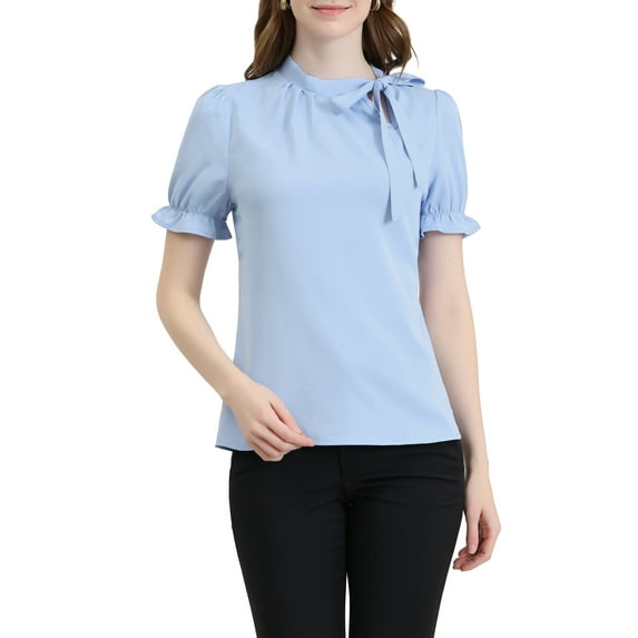 INSPIRE CHIC Women's Summer Tops Solid Color Bow Tie Neck Short Sleeves Wear-to-Work Blouses Light Blue L