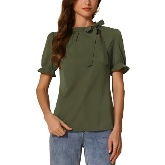 INSPIRE CHIC Women's Summer Tops Solid Color Bow Tie Neck Short Sleeves Wear-to-Work Blouses Army Green M
