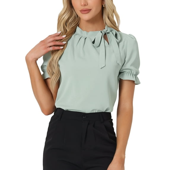 INSPIRE CHIC Women's Summer Tops Solid Color Bow Tie Neck Short Sleeves Wear-to-Work Blouses Light Green M
