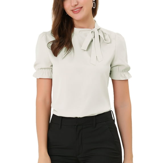 INSPIRE CHIC Women's Summer Tops Solid Color Bow Tie Neck Short Sleeves Wear-to-Work Blouses Light Beige S