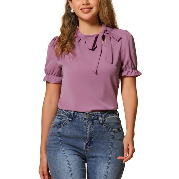 INSPIRE CHIC Women's Summer Tops Solid Color Bow Tie Neck Short Sleeves Wear-to-Work Blouses Light Plum S