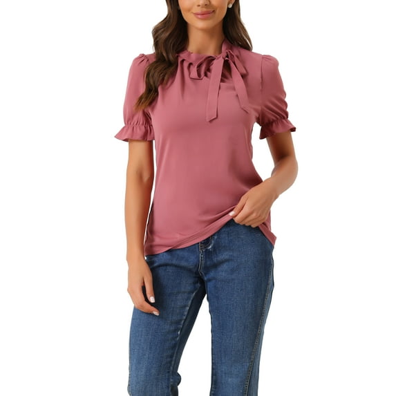 INSPIRE CHIC Women's Summer Tops Solid Color Bow Tie Neck Short Sleeves Wear-to-Work Blouses Muted Pink S