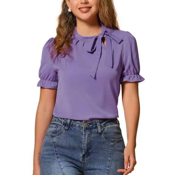 INSPIRE CHIC Women's Summer Tops Solid Color Bow Tie Neck Short Sleeves Wear-to-Work Blouses Violet S