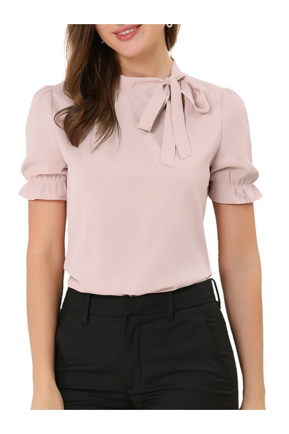 Women's Summer Tops Solid Color Bow Tie Neck Short Sleeves Wear-to-Work Blouses Pink XL