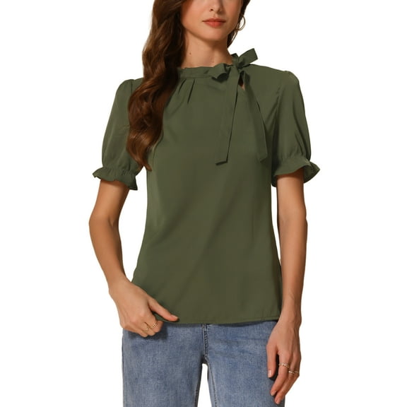 INSPIRE CHIC Women's Summer Tops Solid Color Bow Tie Neck Short Sleeves Wear-to-Work Blouses Army Green XS