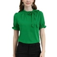 thumbnail image 1 of INSPIRE CHIC Women's Summer Tops Solid Color Bow Tie Neck Short Sleeves Wear-to-Work Blouses Dark Green XS, 1 of 8