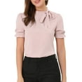 thumbnail image 1 of INSPIRE CHIC Women's Summer Tops Solid Color Bow Tie Neck Short Sleeves Wear-to-Work Blouses Pink XS, 1 of 8