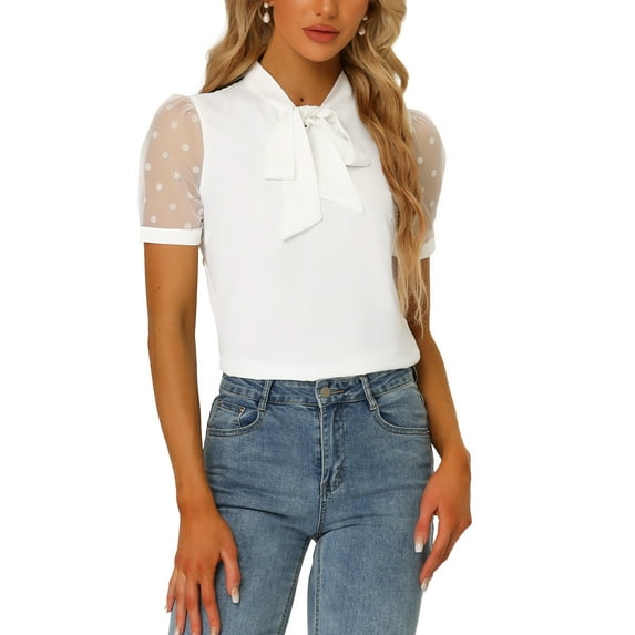 INSPIRE CHIC Women's Bow Tie Neck V Neck Stand Collar Short Mesh Sleeve Blouse L White