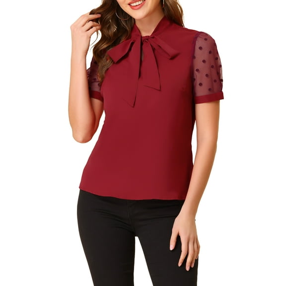 INSPIRE CHIC Women's Bow Tie Neck V Neck Stand Collar Short Mesh Sleeve Blouse S Burgundy
