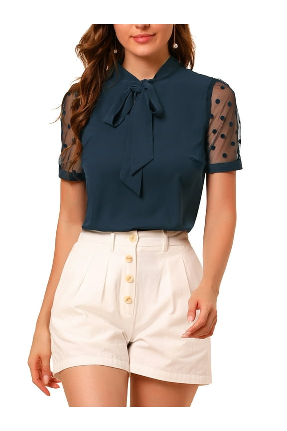 Women's Bow Tie Neck V Neck Stand Collar Short Mesh Sleeve Blouse S Navy Blue