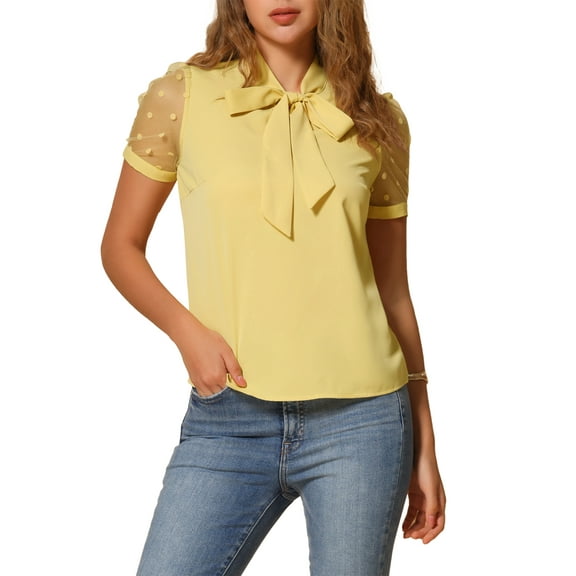 INSPIRE CHIC Women's Bow Tie Neck V Neck Stand Collar Short Mesh Sleeve Blouse S Yellow