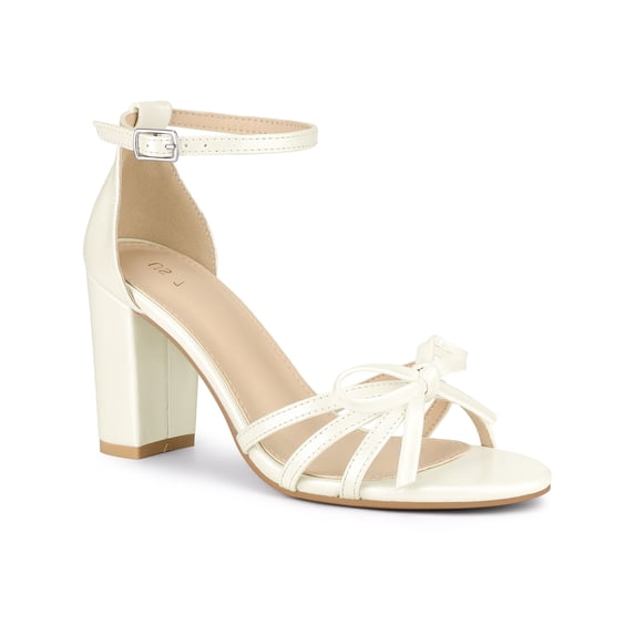 BLISSFUL STEP Women's Shoes Bow Tie Open Toe Ankle Strap High Block Heel Sandals White 8.5