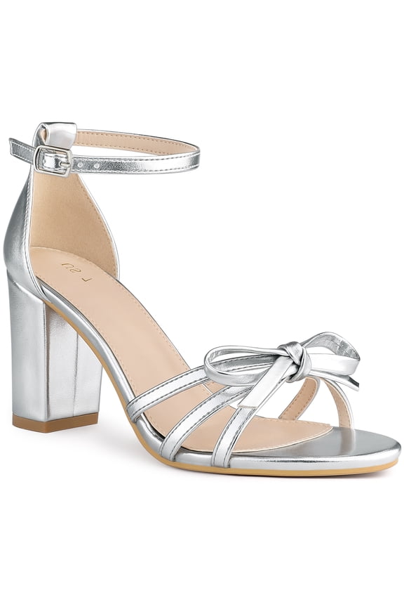 Women's Shoes Bow Tie Open Toe Ankle Strap High Block Heel Sandals Silver 6