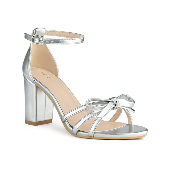 BLISSFUL STEP Women's Shoes Bow Tie Open Toe Ankle Strap High Block Heel Sandals Silver 7.5