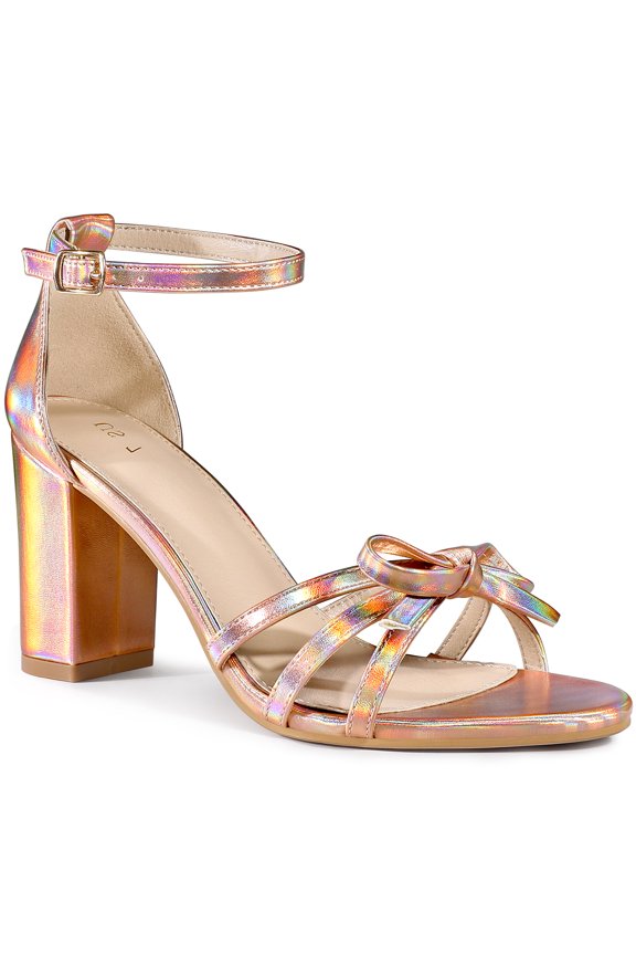 Women's Shoes Bow Tie Open Toe Ankle Strap High Block Heel Sandals Rose Gold 7.5