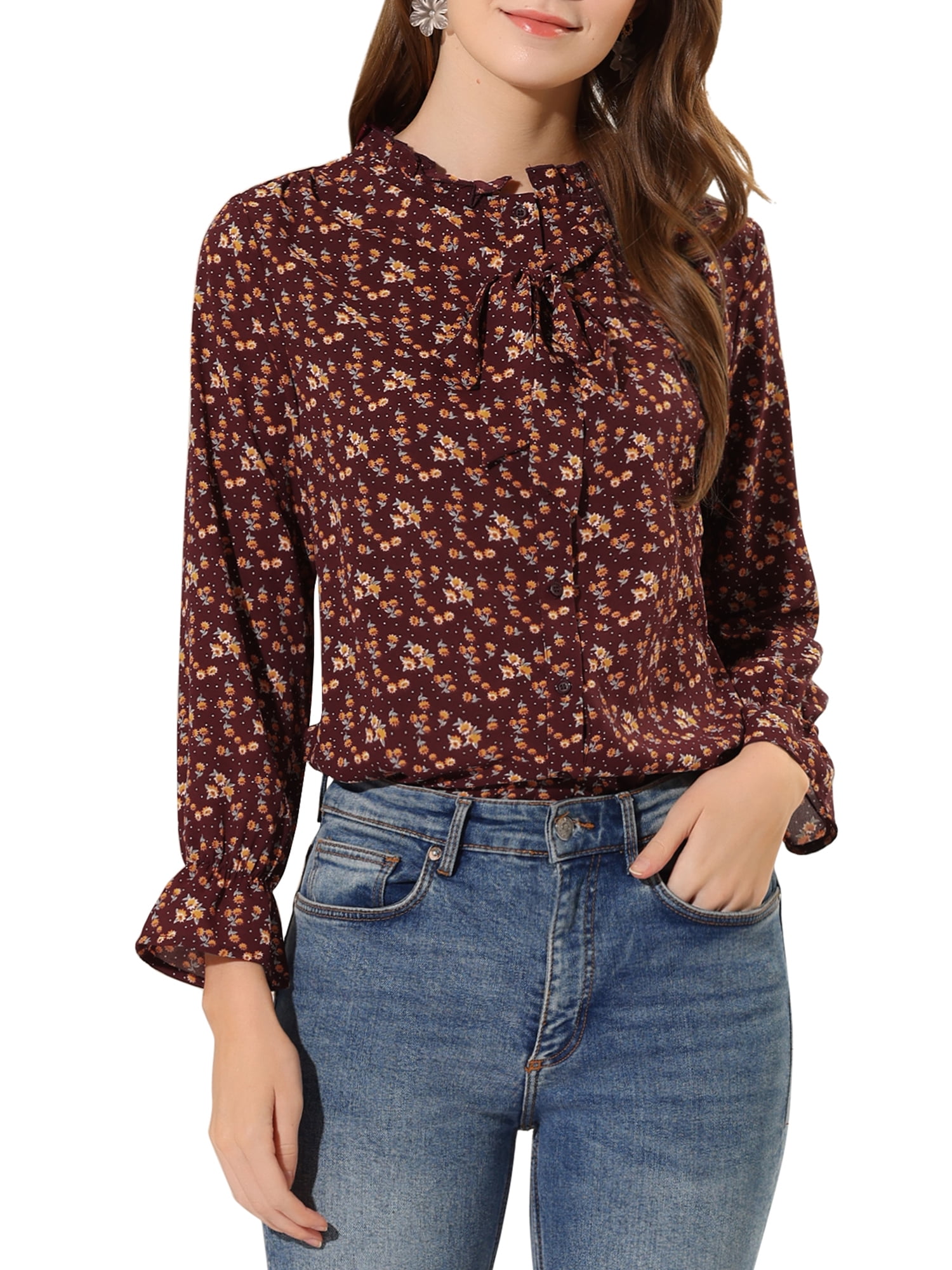 INSPIRE CHIC Women's Bow Tie Ruffle Collar Button Down Long