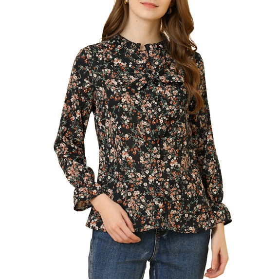 Allegra K Women's Bow Tie Ruffle Collar Button Down Long Sleeve Floral Blouse