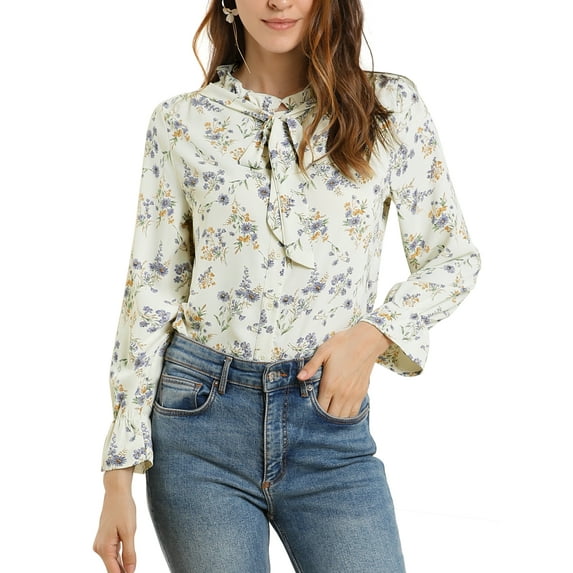 Allegra K Women's Bow Tie Ruffle Collar Button Down Long Sleeve Floral Blouse